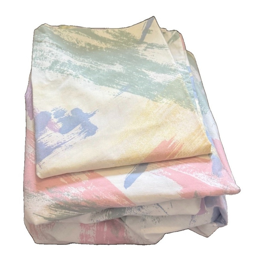 Vintage JCPenney Sheet Set Twin 3pc Set Watercolor Pink Blue Green